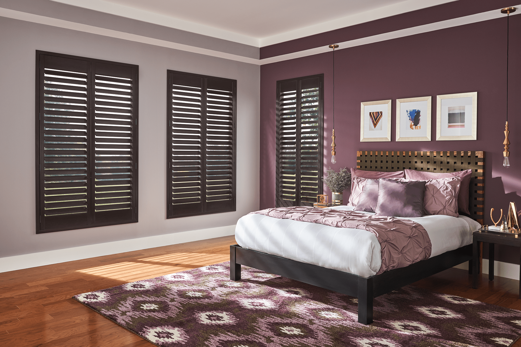 Full-height plantation shutters in a dining room