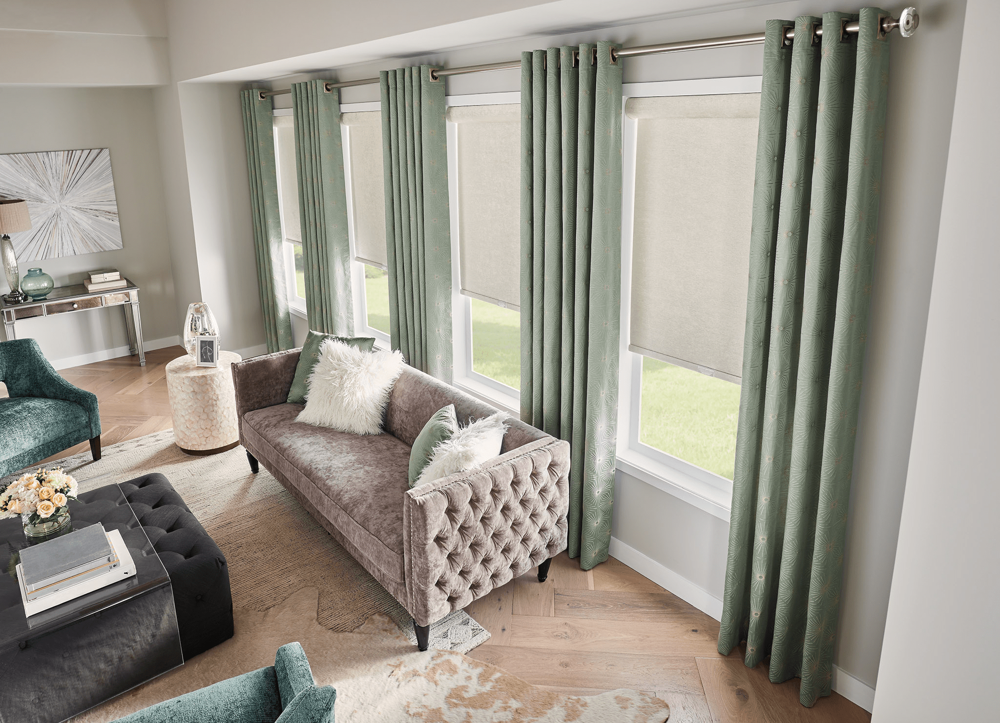 Roller shades with soft light diffusion in a family room