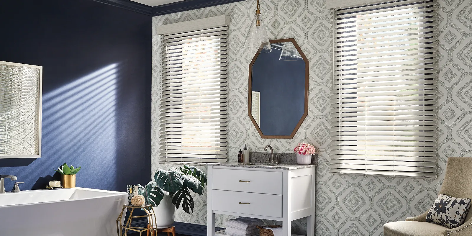 Graber faux wood blinds on a bedroom window